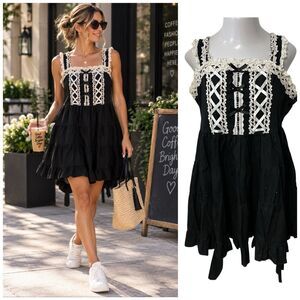 Lovely Gothic Lolita Tiered Japan Black Cotton Dress Lace Corset Dark Coquette